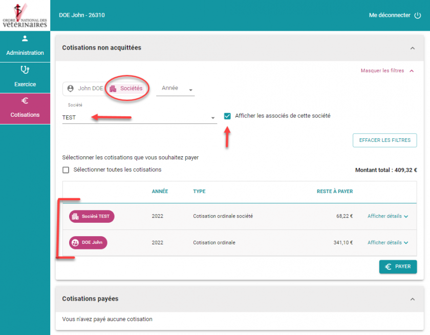 Page de paiement de la cotisation