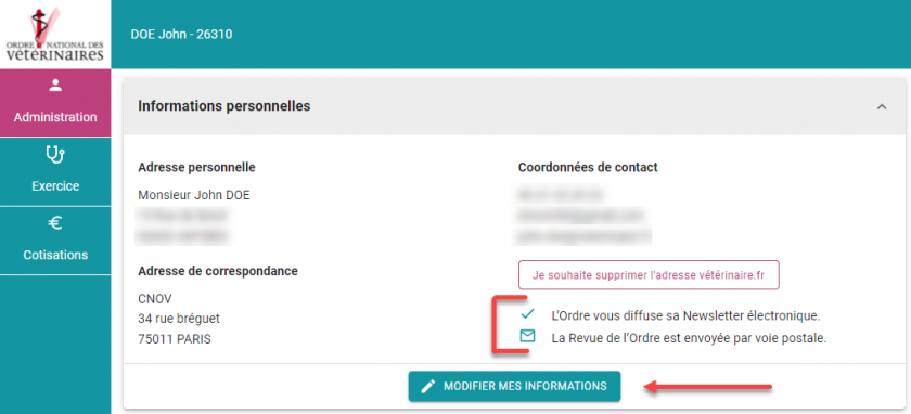 page de changement des informations perso dans l'extranet